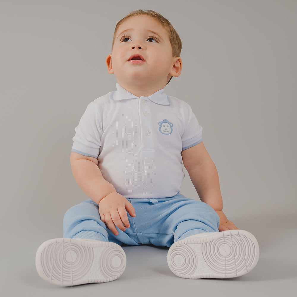 Body de Chemise Blanca de Piqué con Bordado de Mono para Bebé Niño