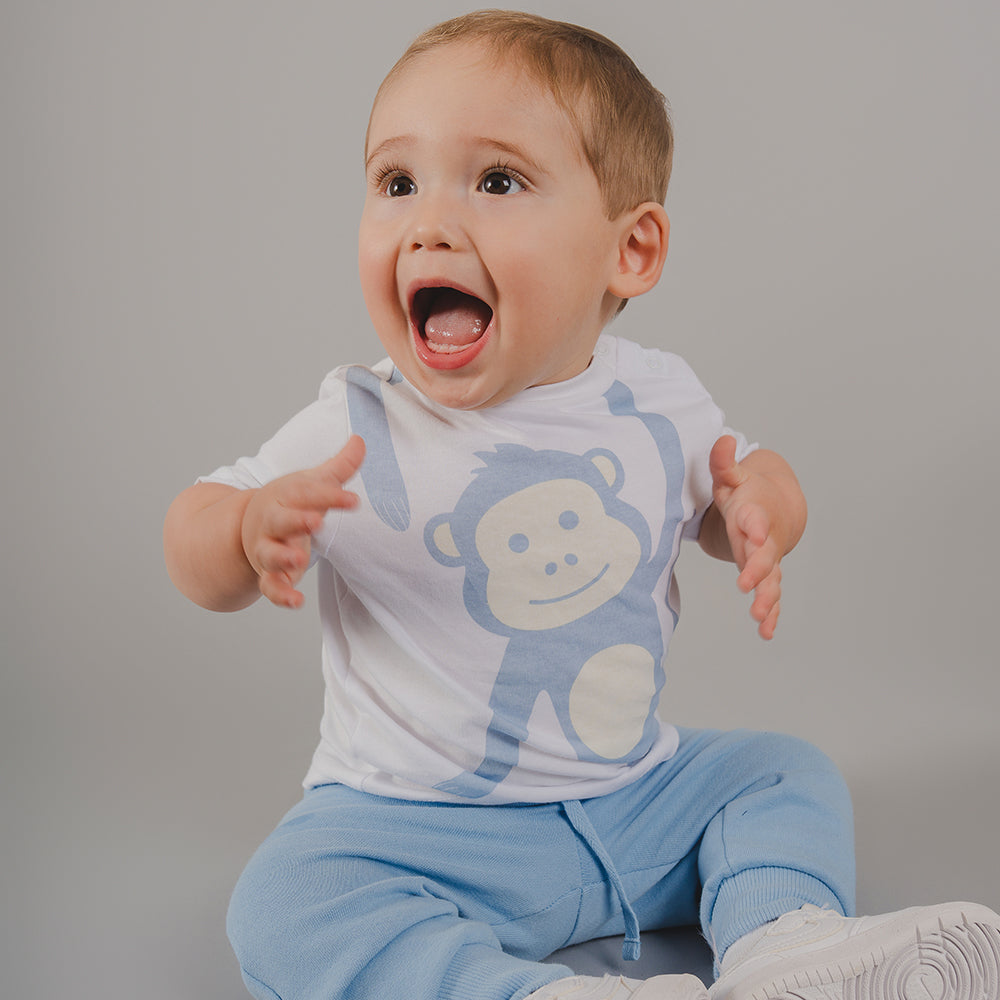 Franela Blanca de Algodón con Estampado de Mono para Bebé Niño