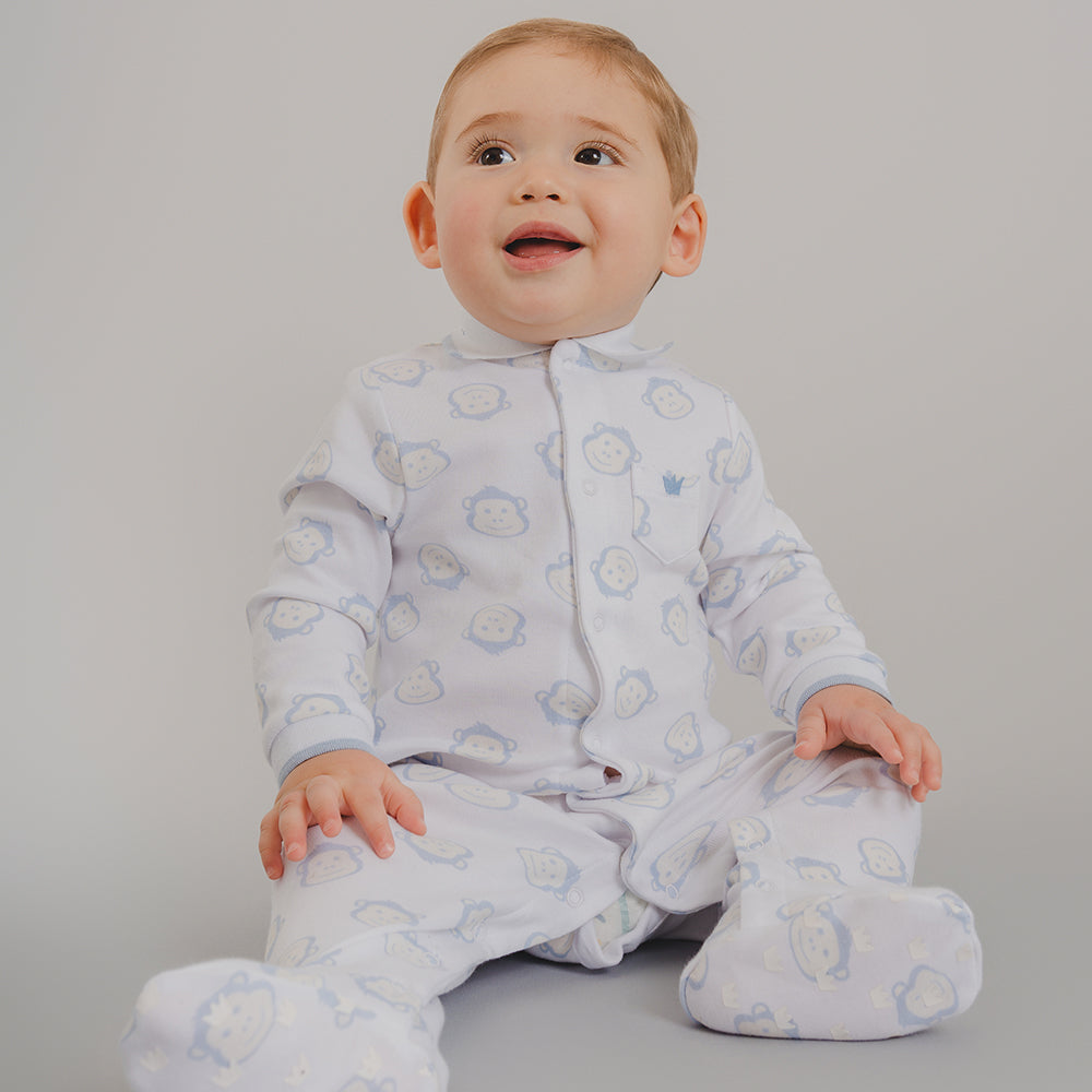 Pijama Blanca de Algodón con Estampado de Monos Azules para Bebé Niño