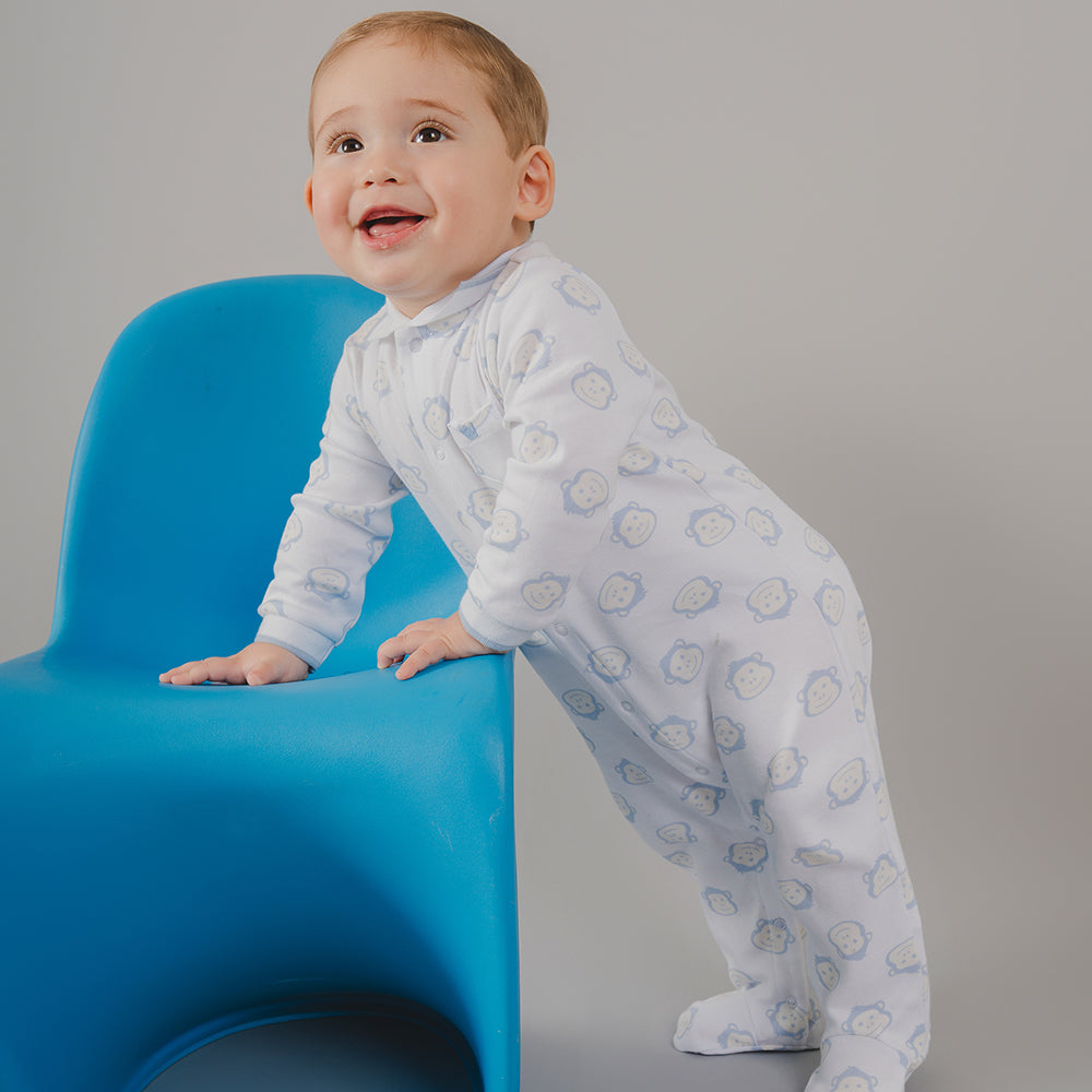 Pijama Blanca de Algodón con Estampado de Monos Azules para Bebé Niño