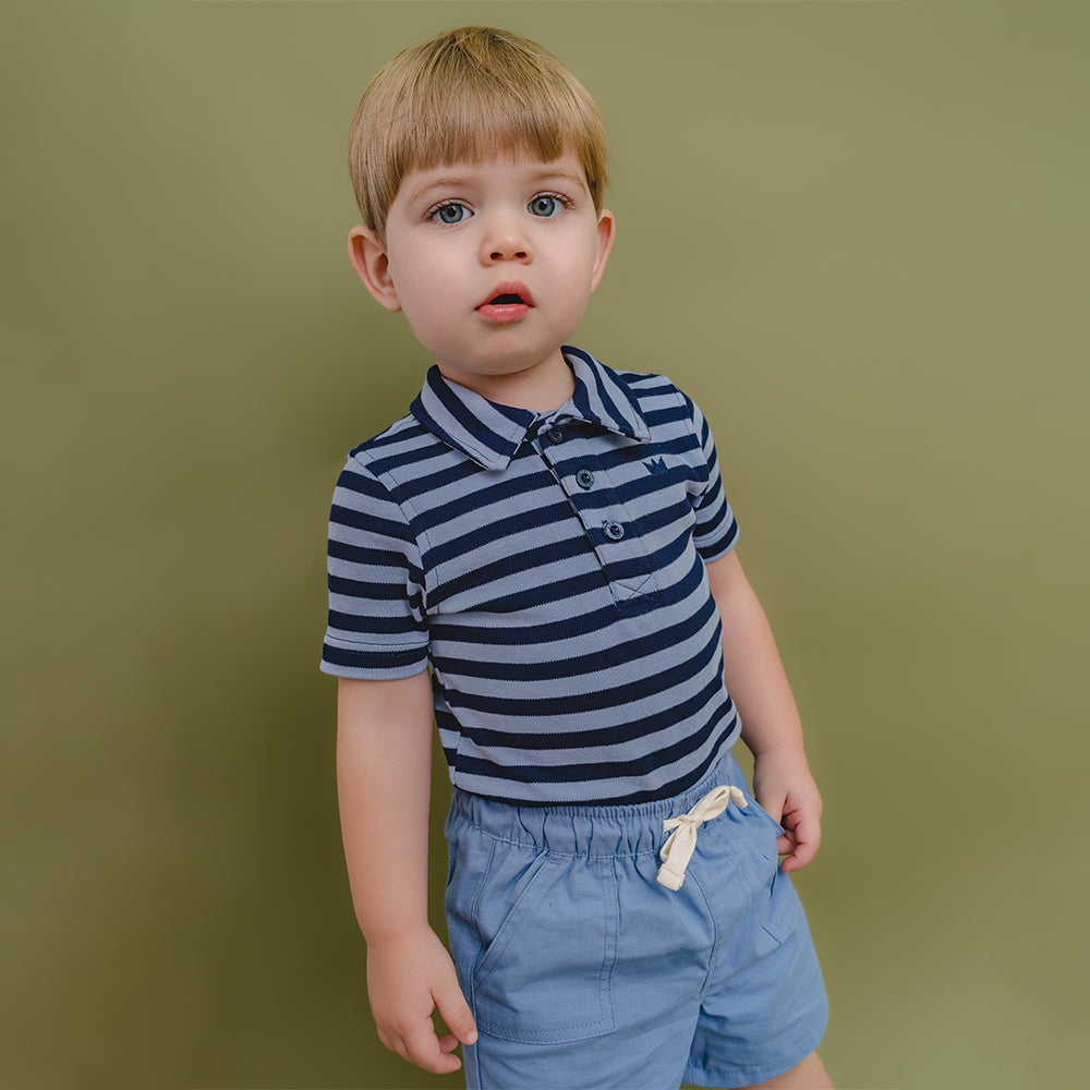 Body de Chemise con Rayas Azules Oscuras y Claras, Manga Corta,  para Bebé Niño