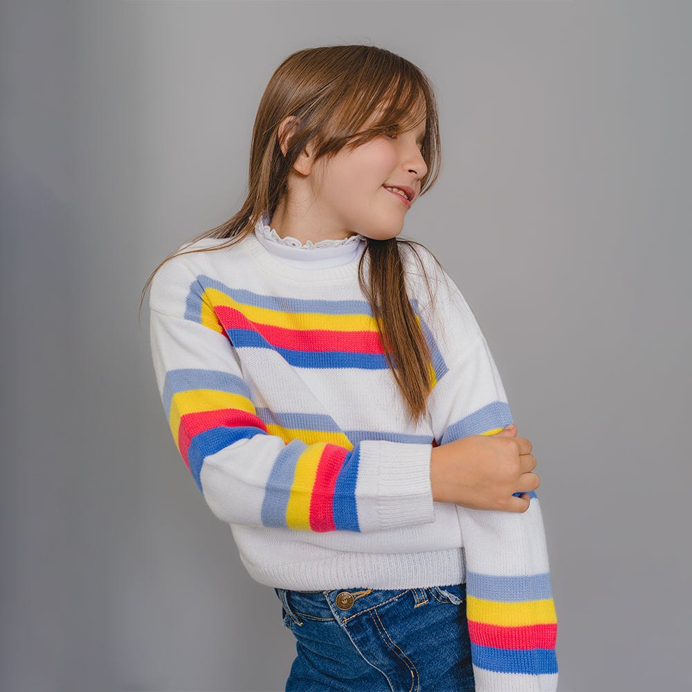 Sueter Blanco con Rayas Azules, Amarillas y Rosadas para Niña