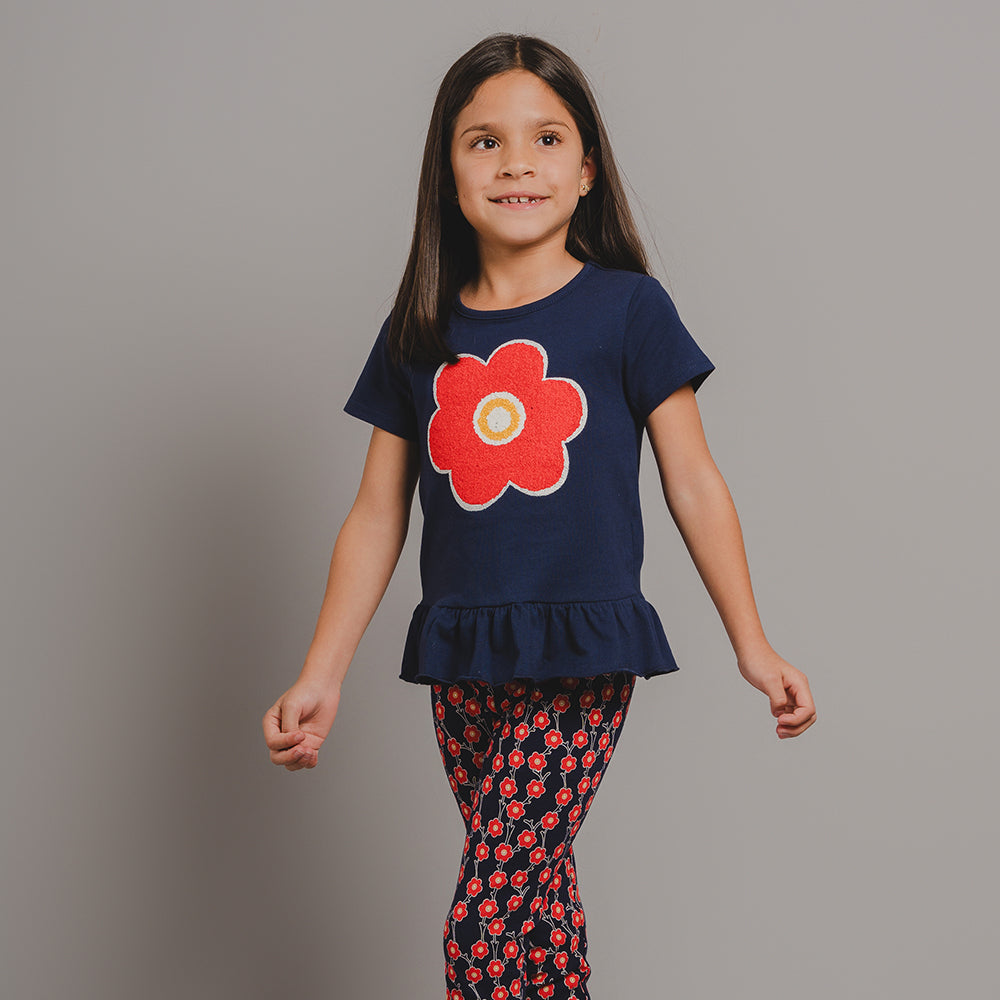 Legging Azul Oscuro de Algodón con Estampado de Flores Rojas para Niña