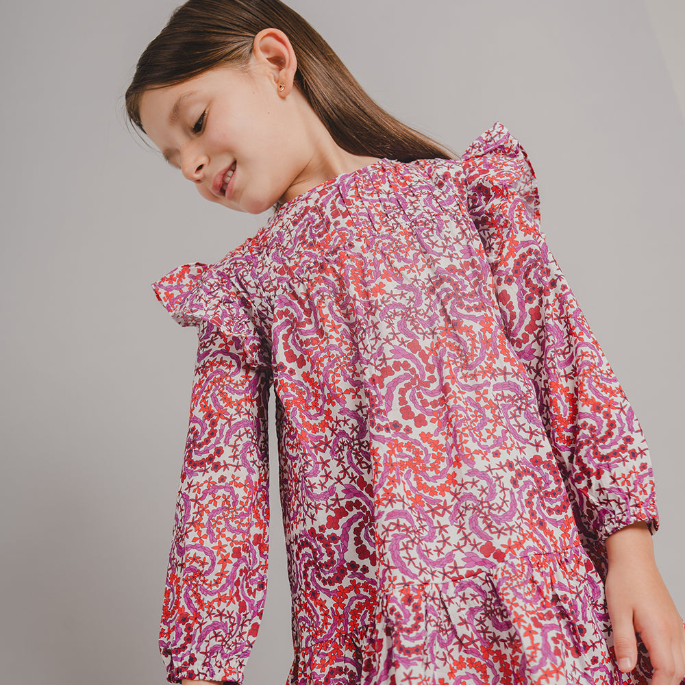Vestido de Popelina Ligera con Nido de Abeja y Estampado Rojo y Morado, Manga Larga, para Niña