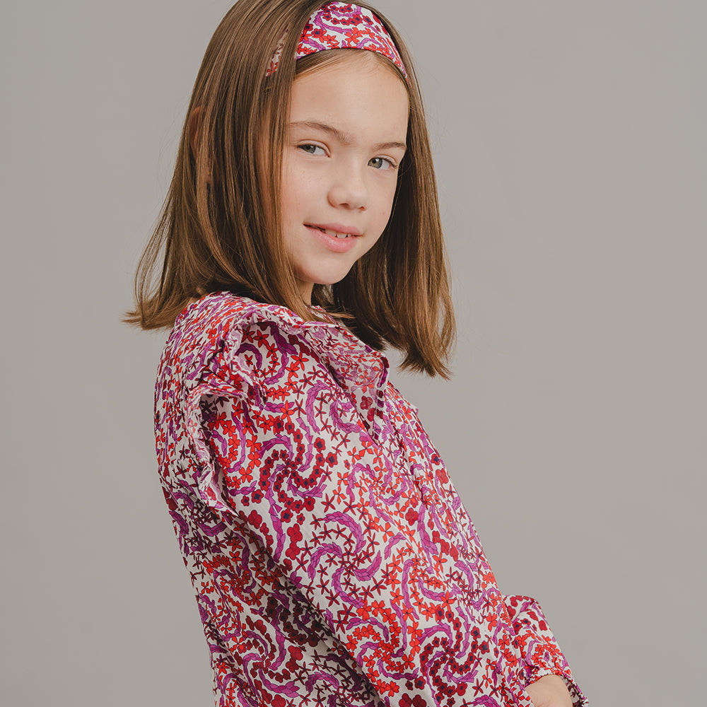 Vestido de Popelina Ligera con Nido de Abeja y Estampado Rojo y Morado, Manga Larga, para Niña