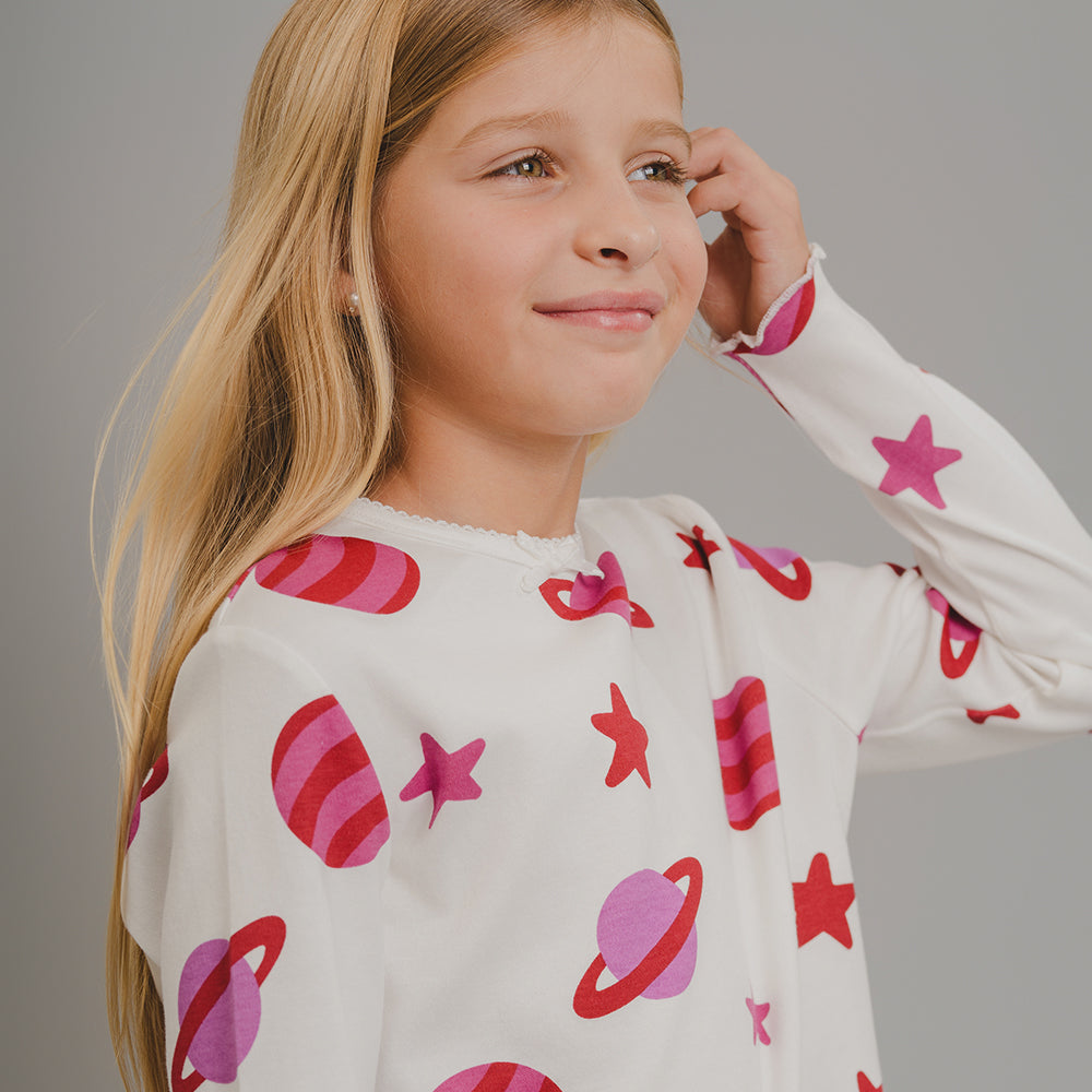Pijama Color Hueso de Algodón con Estampado de Planetas y Estrellas Rosadas para Niña