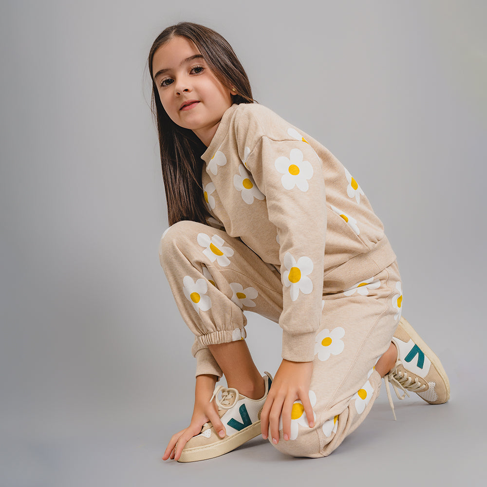 Mono Color Crema de Algodón con Estampado de Flores Blancas y Amarillas para Niña
