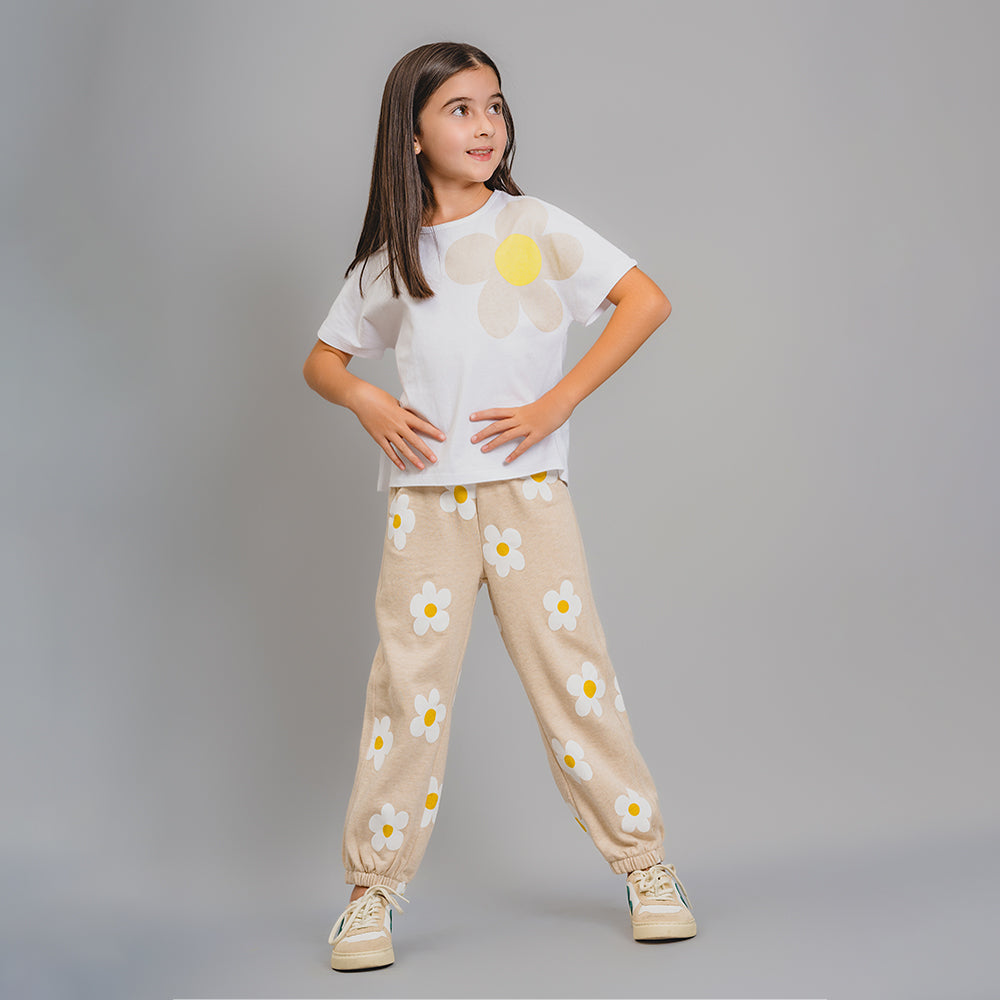 Mono Color Crema de Algodón con Estampado de Flores Blancas y Amarillas para Niña