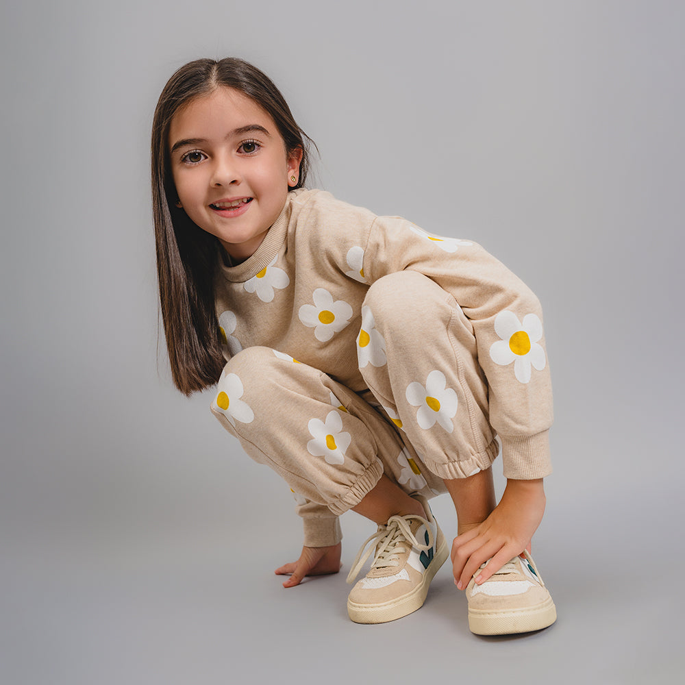 Mono Color Crema de Algodón con Estampado de Flores Blancas y Amarillas para Niña