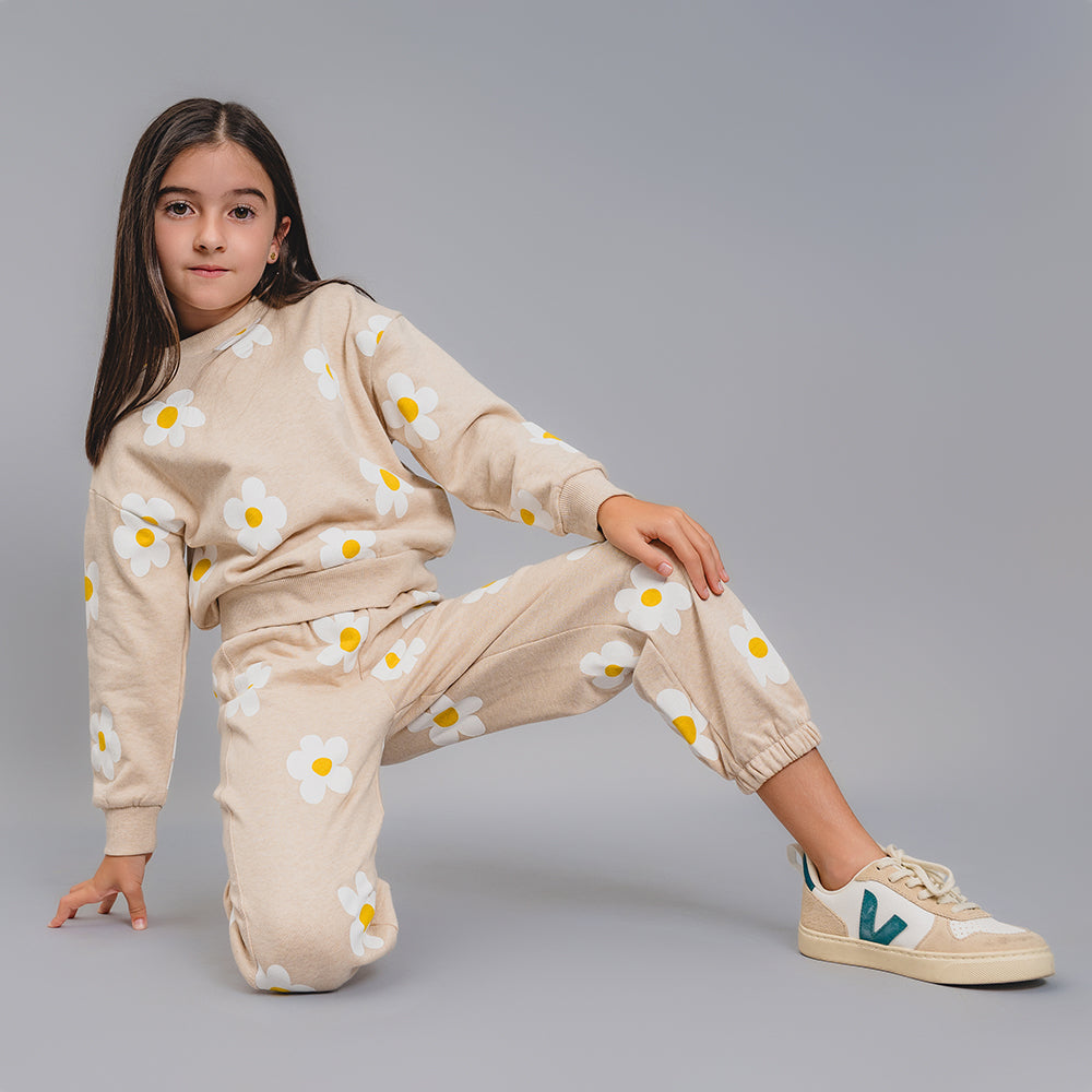 Mono Color Crema de Algodón con Estampado de Flores Blancas y Amarillas para Niña
