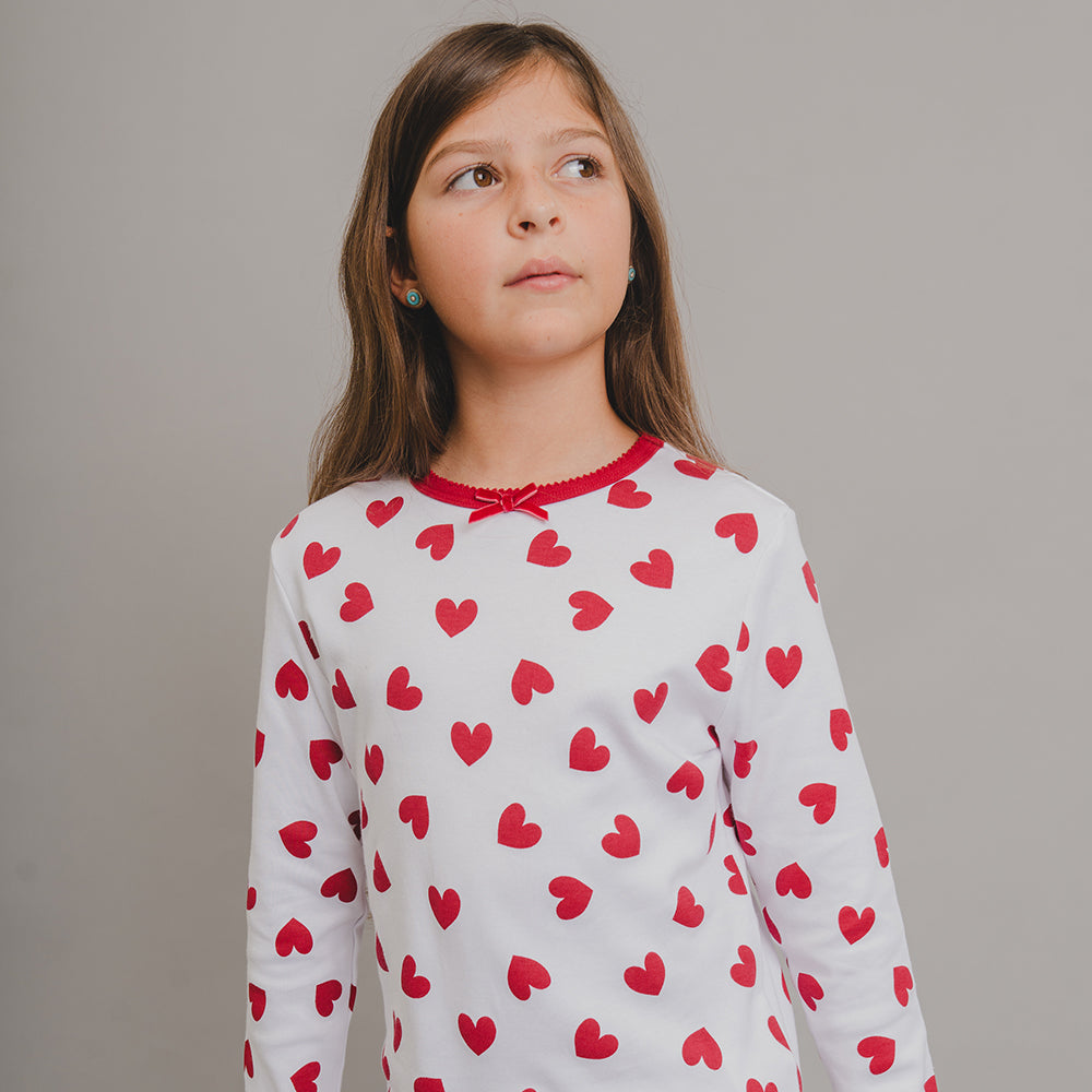 Pijama Blanca de Algodón con Corazones Rojos para Niña