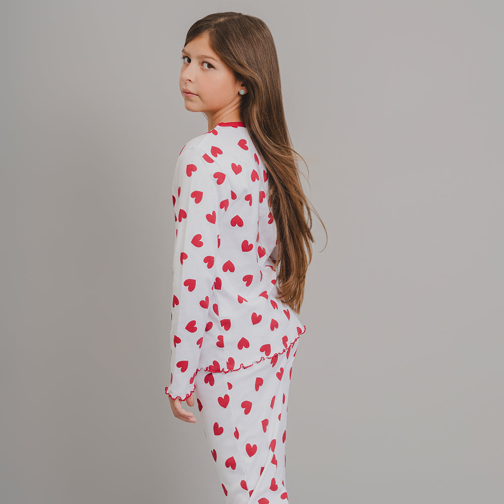 Pijama Blanca de Algodón con Corazones Rojos para Niña
