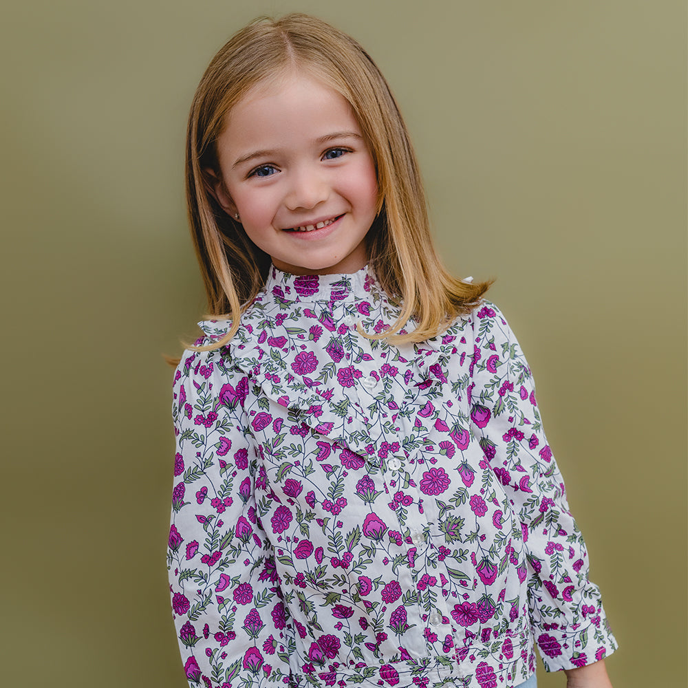 Blusa Blanca de popelina con volante y estampado de flores Moradas para Niña