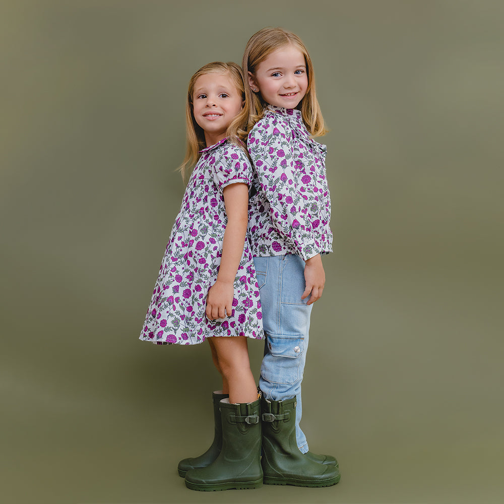 Blusa Blanca de popelina con volante y estampado de flores Moradas para Niña