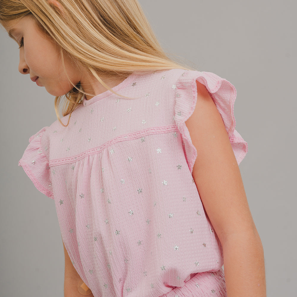 Falda Rosada con Capas, con Estampado de Estrellas Plateadas para Niña