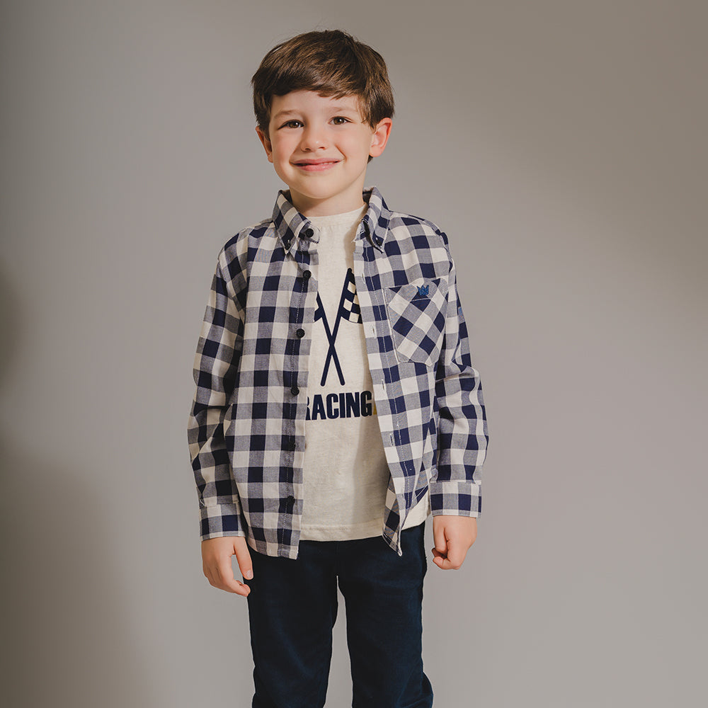 Camisa de Flannel con Estampado de Cuadros Azules y Crema, Manga Larga, para Niño