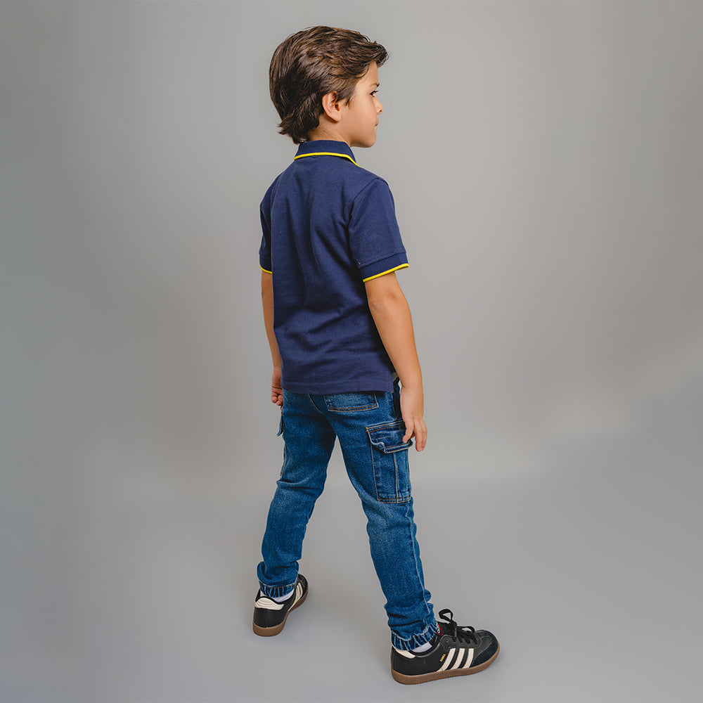 Chemise Azul Oscuro con Bordado de Rayo para Niño