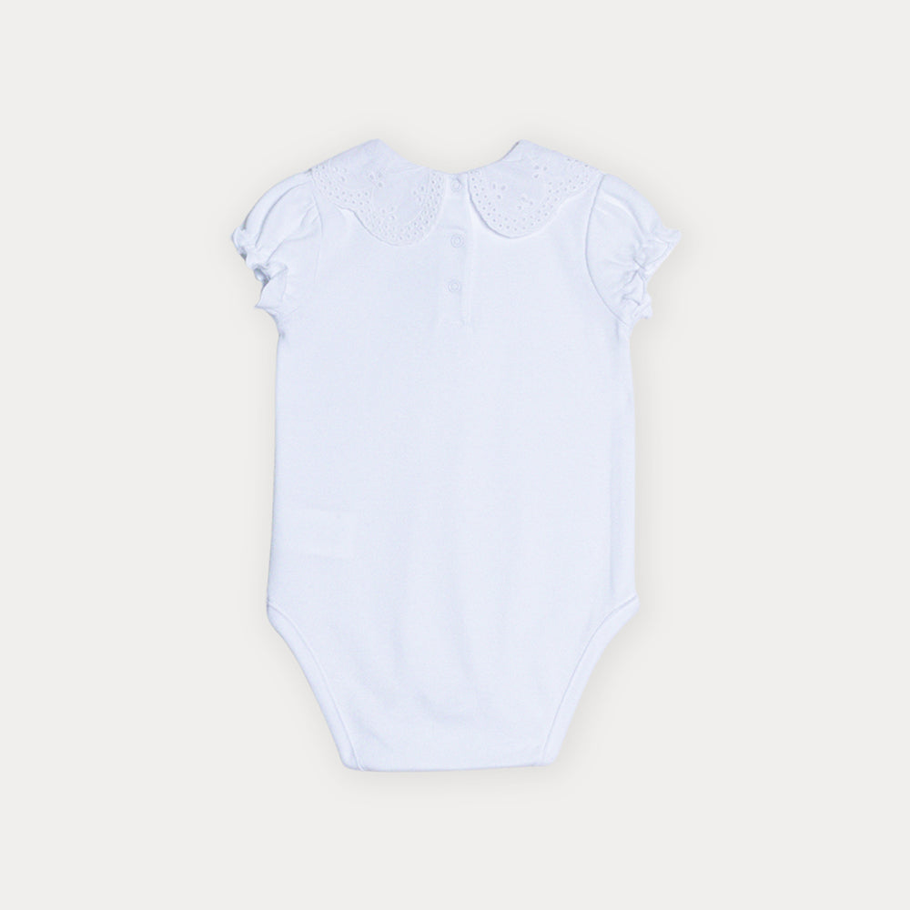 Body De Algodón Blanco Manga Corta Con Cuello De Eyelet Para Bebe Niña