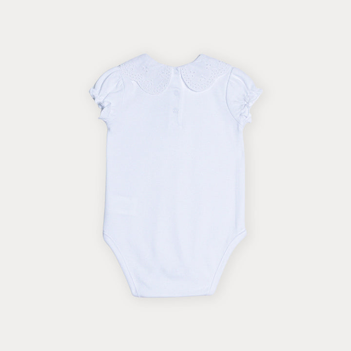 Body De Algodón Blanco Manga Corta Con Cuello De Eyelet Para Bebe Niña