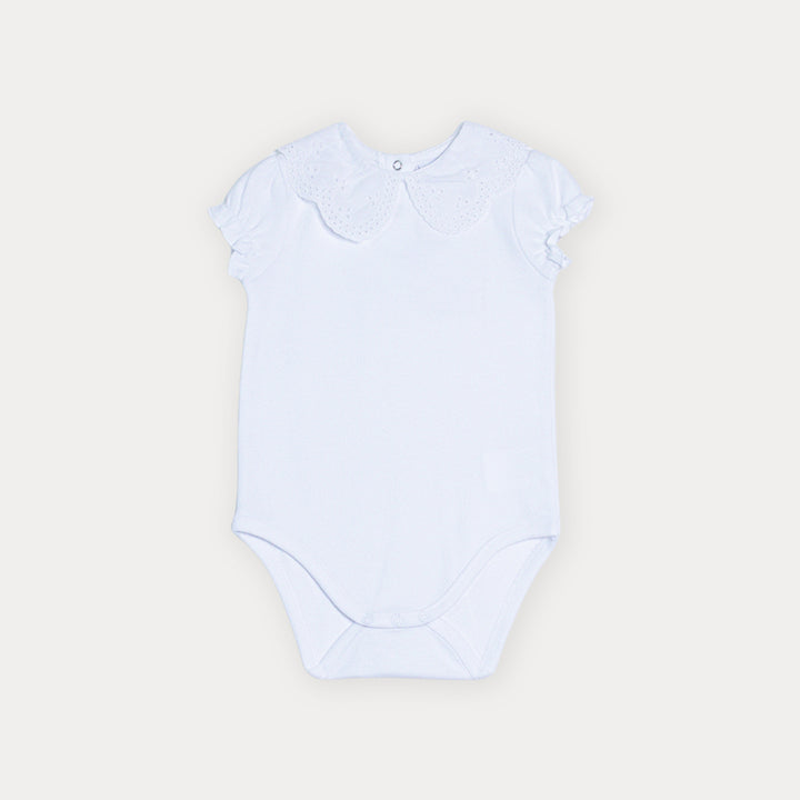 Body De Algodón Blanco Manga Corta Con Cuello De Eyelet Para Bebe Niña