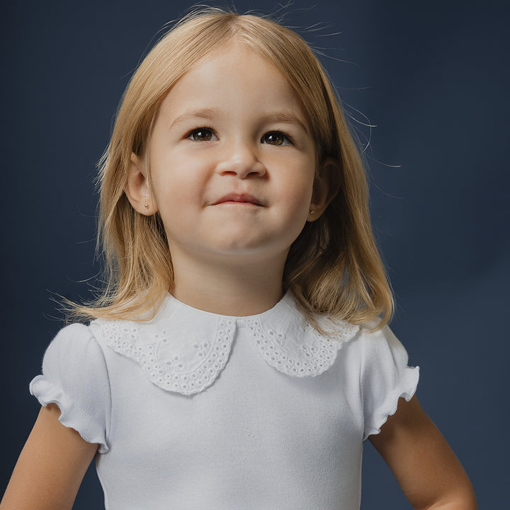 Body De Algodón Blanco Manga Corta Con Cuello De Eyelet Para Bebe Niña