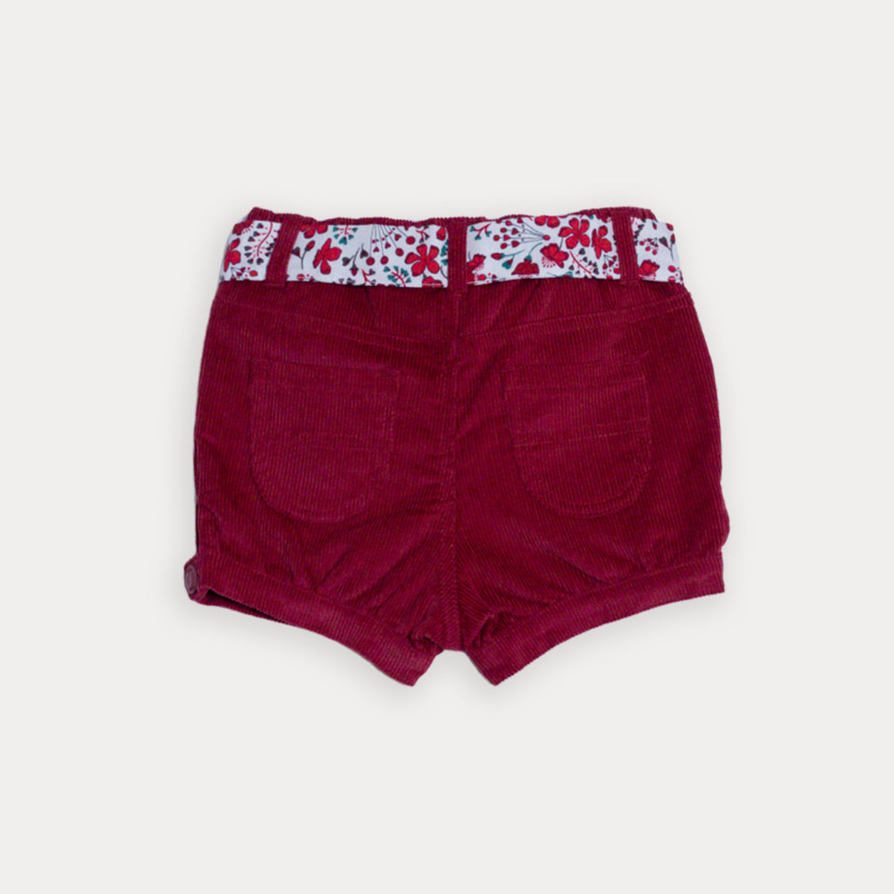 Short De Corduroy Vinotinto Con Cinturón De Popelina De Estampado Floral Para Bebe Niña