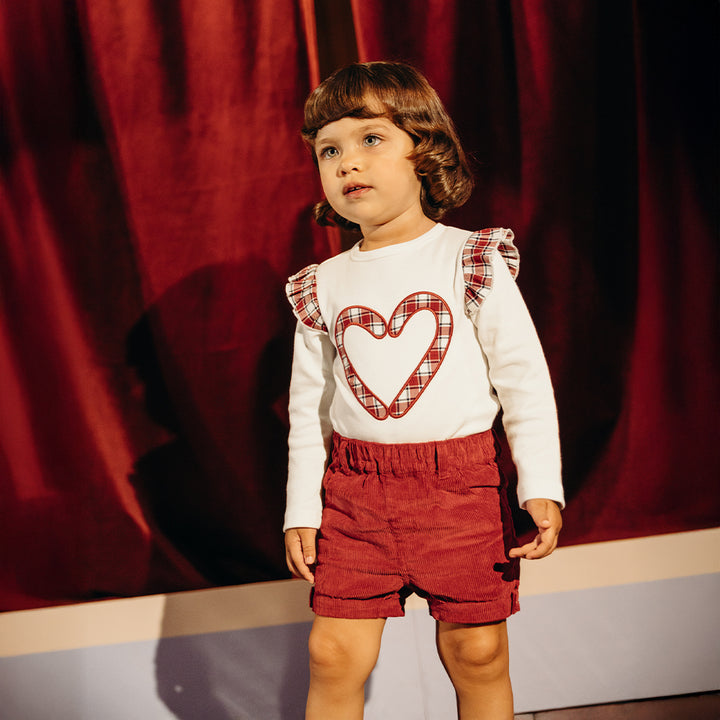 Short De Corduroy Vinotinto Con Cinturón De Popelina De Estampado Floral Para Bebe Niña