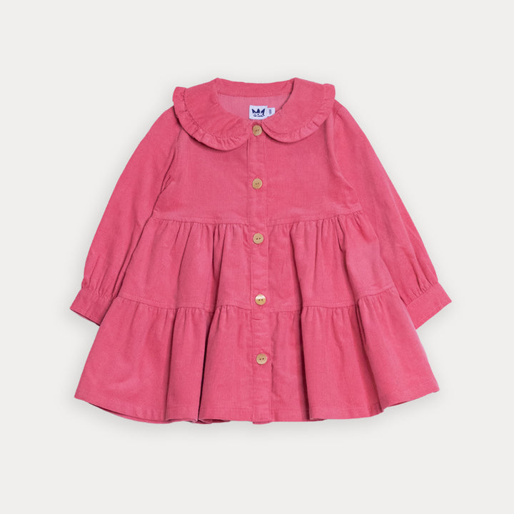 Vestido De Corduroy Rosado Guayaba Con Botones De Madera Para Bebe Niña