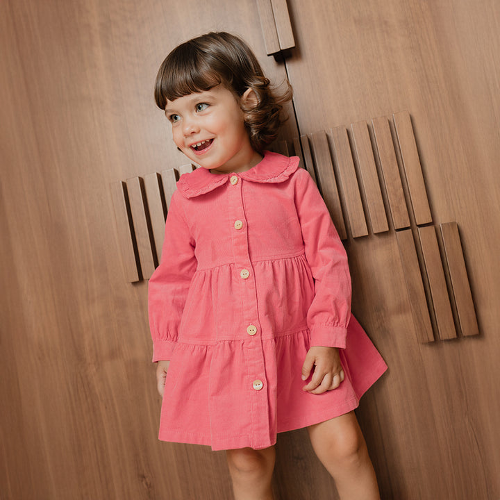 Vestido De Corduroy Rosado Guayaba Con Botones De Madera Para Bebe Niña
