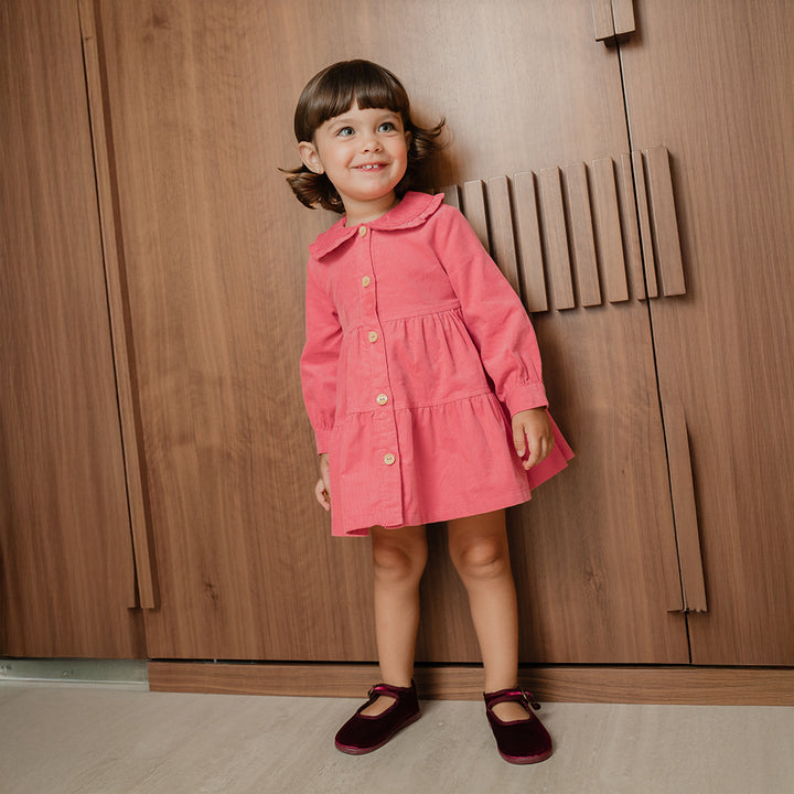 Vestido De Corduroy Rosado Guayaba Con Botones De Madera Para Bebe Niña