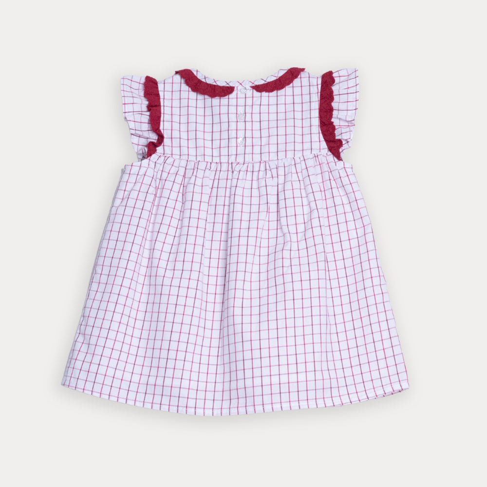 Vestido De Popelina Con Estampado De Cuadros Rojos Y Detalles De Eyelet En Vinotinto Para Bebe Niña