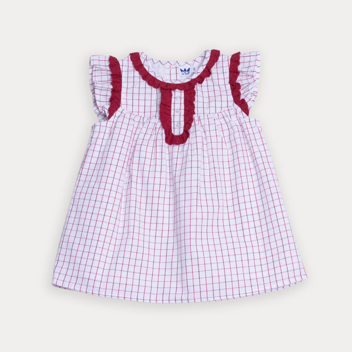 Vestido De Popelina Con Estampado De Cuadros Rojos Y Detalles De Eyelet En Vinotinto Para Bebe Niña