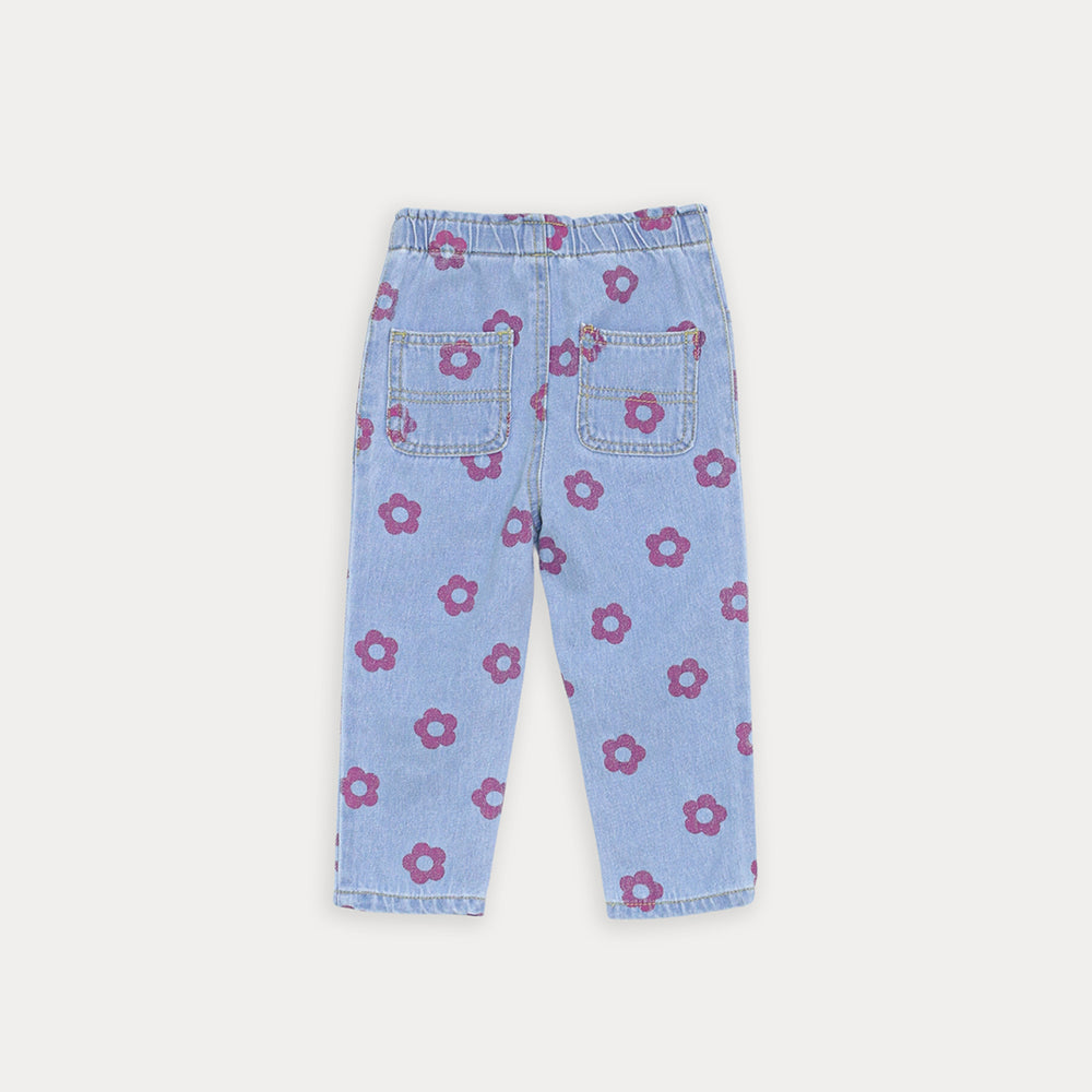 Jean Azul Claro Con Estampado De Flores Fucsia Para Bebe Niña