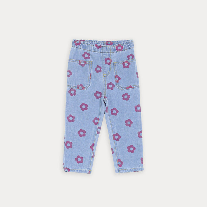 Jean Azul Claro Con Estampado De Flores Fucsia Para Bebe Niña