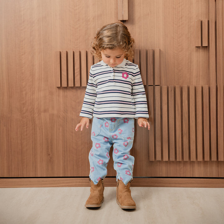 Jean Azul Claro Con Estampado De Flores Fucsia Para Bebe Niña