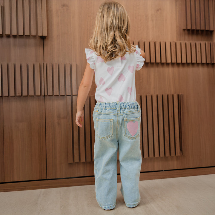 Jean Azul Claro Con Estampado De Corazones Rosados Para Bebe Niña