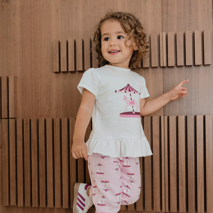 Mono De Algodón Rosado Con Estampado De Carruseles Para Bebe Niña