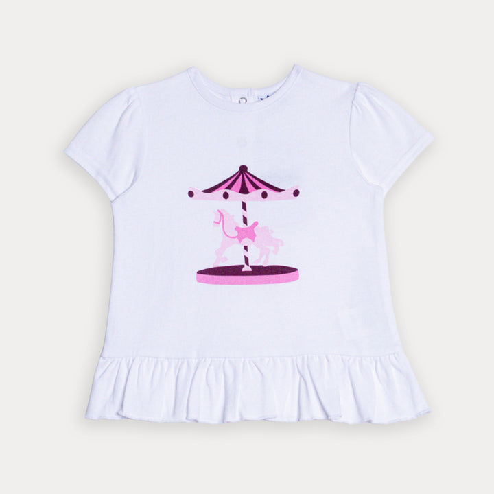 Franela De Algodón Blanca Con Gráfico De Carrusel Para Bebe Niña