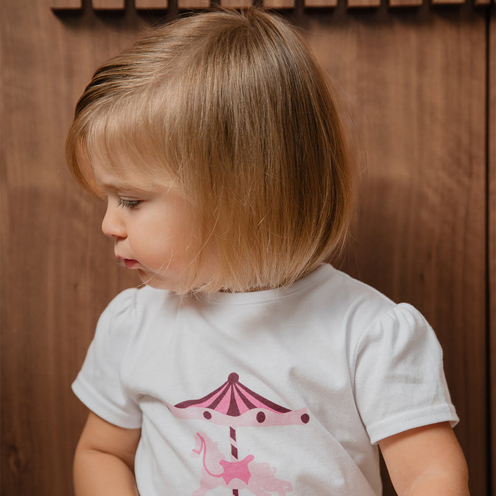 Franela De Algodón Blanca Con Gráfico De Carrusel Para Bebe Niña