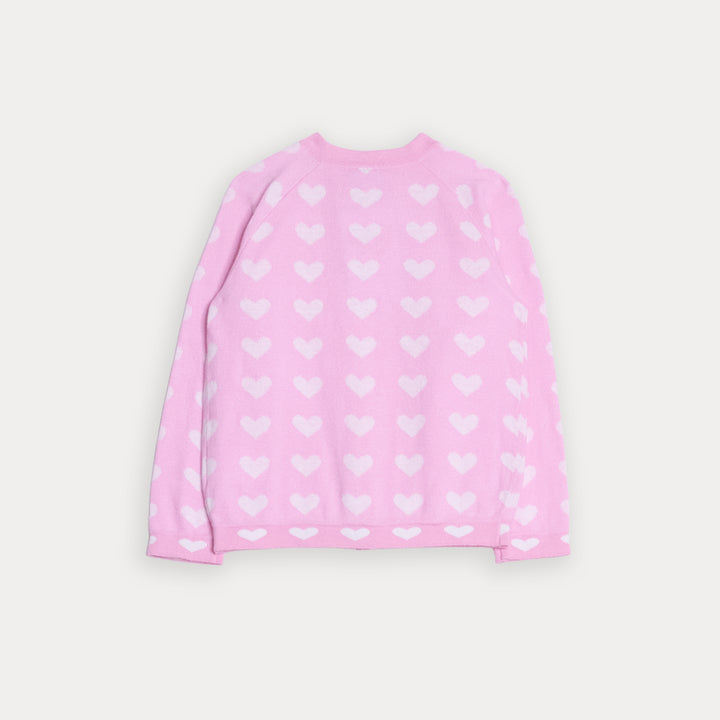 Cardigan De Algodón Tejido Rosado Y Corazones Blancos Para Bebe Niña