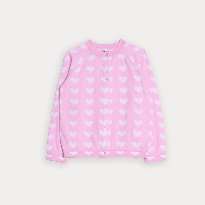 Cardigan De Algodón Tejido Rosado Y Corazones Blancos Para Bebe Niña