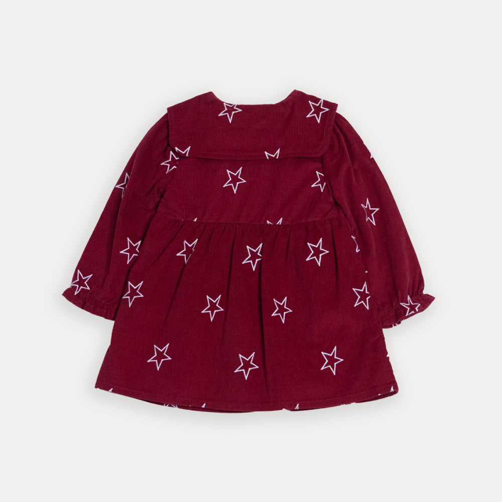 Vestido De Corduroy Vinotinto Con Bordados De Estrellas Crema Para Bebe Niña