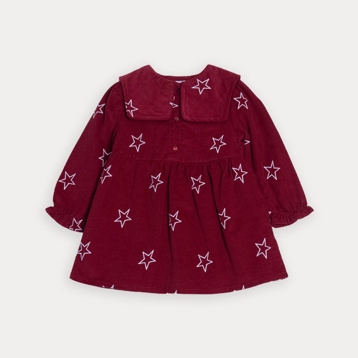 Vestido De Corduroy Vinotinto Con Bordados De Estrellas Crema Para Bebe Niña