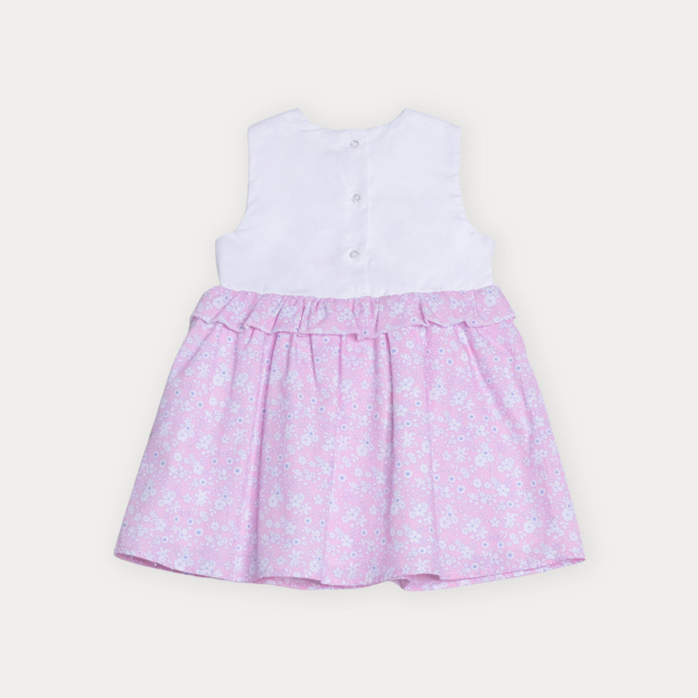 Vestido De Piquet Blanco Con Falda De Popelina Rosada Y Estampado Floral Para Bebe Niña