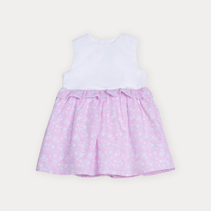 Vestido De Piquet Blanco Con Falda De Popelina Rosada Y Estampado Floral Para Bebe Niña