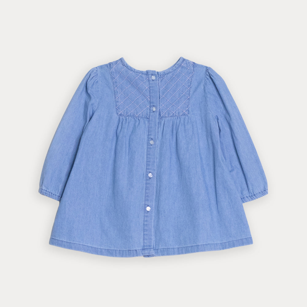 Vestido De Jean Azul Claro Manga Larga Con Detalle Bordado En Rosado Para Bebe Niña