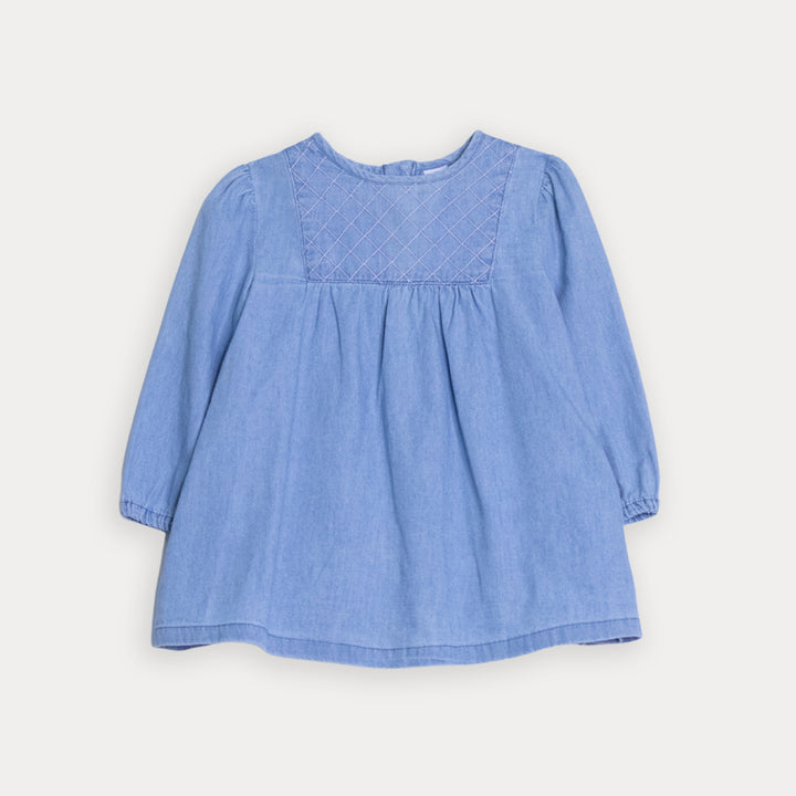 Vestido De Jean Azul Claro Manga Larga Con Detalle Bordado En Rosado Para Bebe Niña