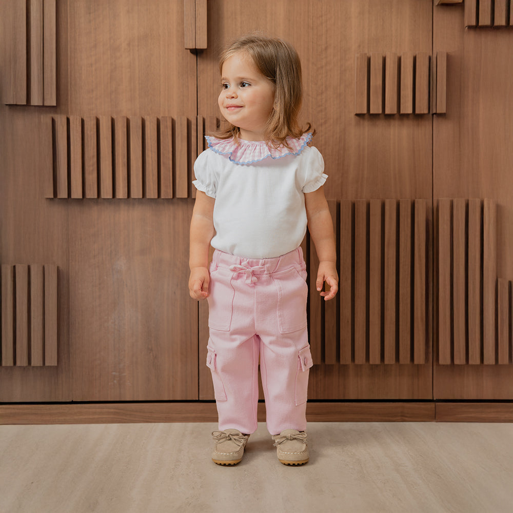 Pantalón Cargo De Twill Rosado Con Elástico En La Cintura Para Bebe Niña