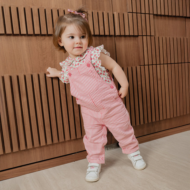 Braga Larga De Twill Con Rayas Blancas Y Rosado Guayaba  Para Bebe Niña