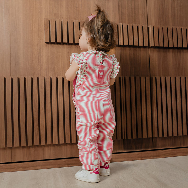 Braga Larga De Twill Con Rayas Blancas Y Rosado Guayaba  Para Bebe Niña